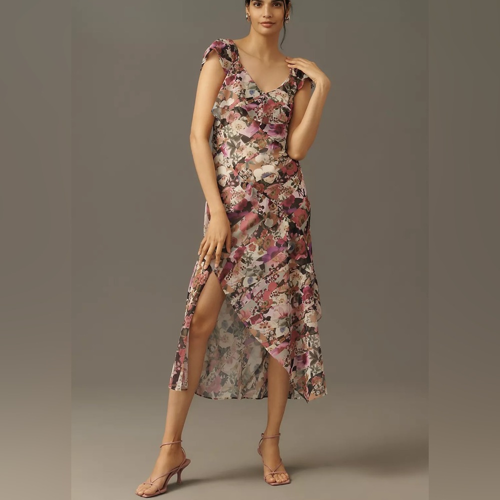 By Anthropologie Ruffle-Sleeve Floral Slip Midi Dress